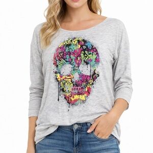 Rocker Girl Colorful Skull Skeleton Long Sleeve Hi Lo Hem Keyhole Back Top XL